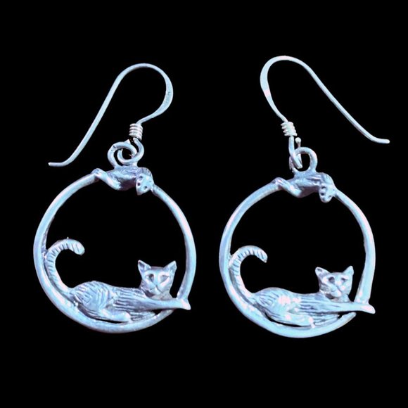 Vintage 925 Sterling Silver Cat & Mouse Earrings with Ear Wires 1" Drops - Picture 1 of 4